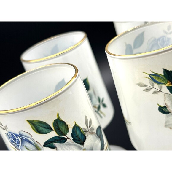 Norleans Frosted Wine Glass White Satin Art Italy Blue Flowers 24K Gold Trim Set - Picture 5 of 13
